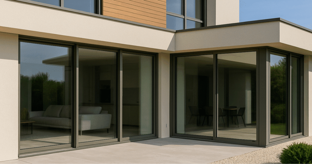 Fachada contemporânea com esquadrias de alumínio da linha Gold, destacando o design sofisticado, resistência e ampla entrada de luz natural.